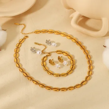 rozsdamentes acél üreges héjú arany karkötő nyaklánc nőknek nyitott kávébab alakú ékszerkészlet textúra láncok Bijoux Femmes