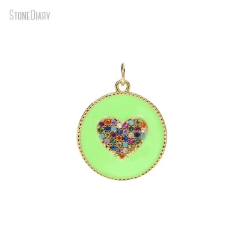 10db nagykereskedelem zöldarany színű köbös cirkónium ajándék ékszereinek zománc szív kerek érme kör alakú pont medál PM47158