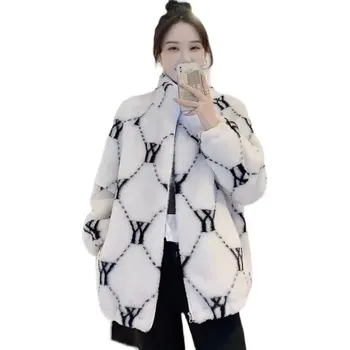 Pamut sűrített bundautánzat nők 2023 tél Új nyomtatott betűk Laza meleg kabátok Divat felsőruházat Kabát Női