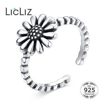 LicLiz Vintage 925 Sterling Ezüst állítható nyitott százszorszép gyűrűk Virág Valentin-napi ajándékok Karikagyűrűk nőknek Bangue LR0292