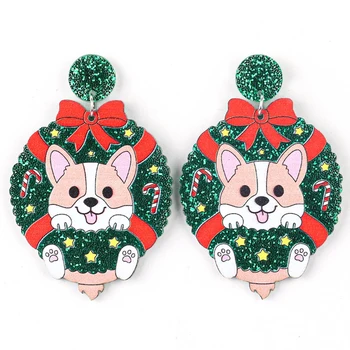 Karácsony Szép akrilkoszorú kutya macska csepp fülbevaló nőknek geometriai csillogó állatok lógó fülbevaló ékszerek újévi ajándékok