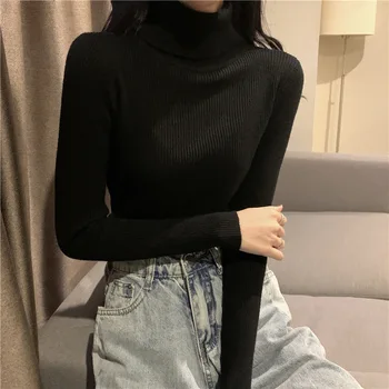 2023 Divat koreai ősz hosszú ujjú vékony rugalmas egyszerű alap olcsó pulóver egyszínű felső női pulóver garbós pulóver