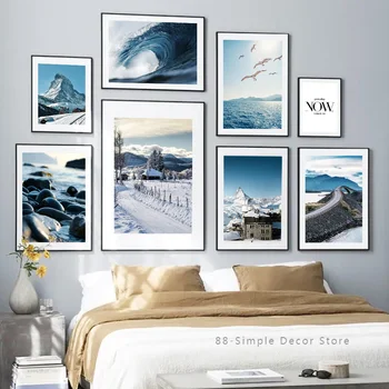 Snow Mountain Road Blue Sea Wave Sky Bird Nordic Plakátok és nyomatok Fali művészet Vászon festés Lakberendezés Képek