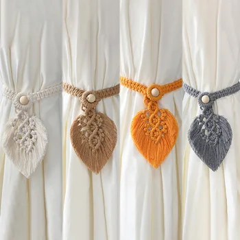 2 darab kézzel szőtt pamutfüggöny nyakkendő Egyszerű bojt levél Fa gyöngyök Dekoratív függönykötegelők dekoratív