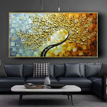 100% kézzel készített táj olajfestmény vászonra vastag textúrájú 3d virágfák falfestmény kép otthoni nappali dekorációs poszterhez