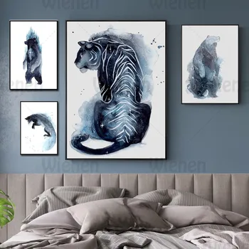 akvarell festés kék vászon nyomtatás állati tigrismedve poszterek és nyomatok Lakberendezés a nappalihoz Éjjelifal-művészet