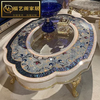 Francia udvar Színes kagyló mozaik ovális teaasztal Luxus tömörfa faragott dohányzóasztal Villa Nappali Bútor