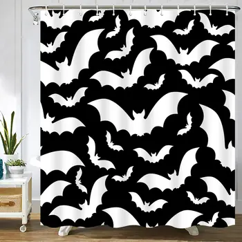 Kísérteties Halloween zuhanyfüggöny Gótikus horror Halloween fekete-fehér denevérek zuhanyfüggöny poliészter szövet Fürdőszoba fürdő függönyök