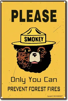 Ón jel Kérjük, füstös medve Csak te tudod megakadályozni az erdőtüzeket Vintage retro ón fém tábla plakett kocsma bár fali dekoráció poszter Kezdőlap