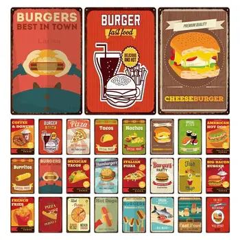 Hamburger fémfestés Fém vintage gyorsétterem Ón jel fali dekoráció Ón tál konyhai kávézóhoz Büfé Bár Burger Fém táblák