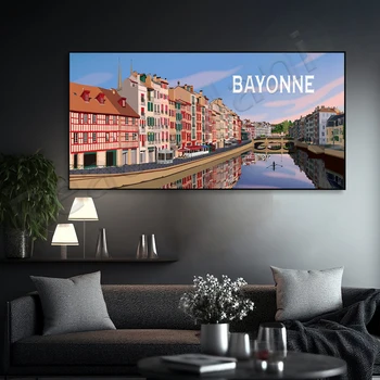 Poszter Bayonne - Baszkföld panoráma poszter, vintage tájkép poszter Művészeti nyomtatás fali lakberendezéshez / utazási poszterhez