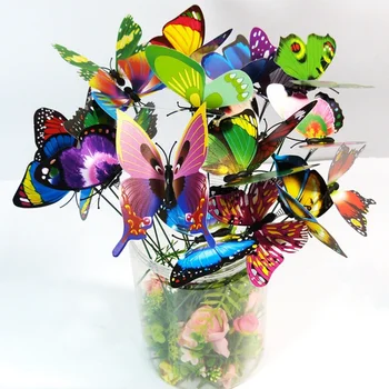 7CM 30Db/szett Színes kert Dekoratív pillangó tétek szimuláció Pillangó bot Kültéri kert Virágcserép dekoráció Dísz