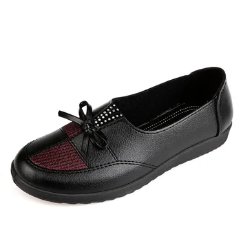 Women Casual 2023 Mother's Shoes Single Középkorú Old New Flat Leather Spring Autumn Sapato Feminino Black Bow kényelmes