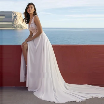 Csipke menyasszonyi ruhák Személyre szabott V-nyakú hát nélküli rusztikus strandfrakk ruha Gyűjtő báli ruha