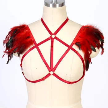 Red Feather Wings Body Harness Belt BDSM Bondage Body Harness Epaulettes Cape bra Elastic adjust fehérnemű Gót Fétis táncviselet