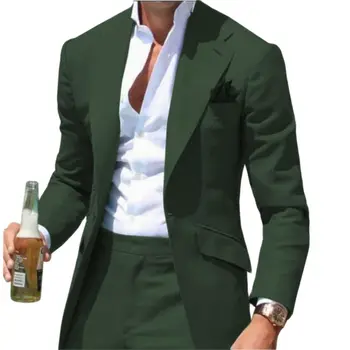 Peak Collar férfi öltönyök Slim Fit rovátkolt zöld férfi öltöny Blézerek dzsekik nadrág 2 részes formális ok-okozati üzleti esküvői vőlegény viselet