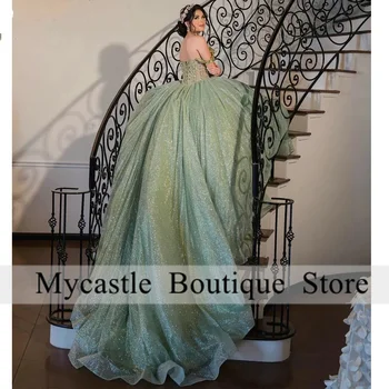 menta zöld csillogó kristály gyöngyfűző báli ruha quinceanera ruhák a vállról rátétek csipke fűző vestidos de 15 años