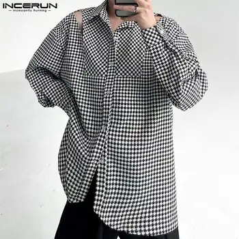 2023 Férfi ing kockás Laprl hosszú ujjú üreges utcai ruházat Koreai alkalmi férfi ruházat Őszi divating S-5XL INCERUN