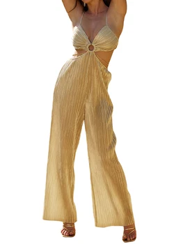 Nők üreges Jumpsuit fém lánc Hosszú nadrág Spagetti pántok Fényes széles szárú nadrág Rompers Party utcai ruházat
