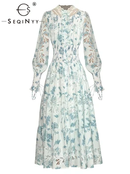 SEQINYY Bohémia Midi ruha Nyár Tavasz Új divattervezés Női Kifutópálya Vintage kék virágok Nyomtatás Üreges Rugalmas Derék