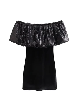 Szexi fekete flitteres toldott ruha női vállról karcsú mini bársony ruhák