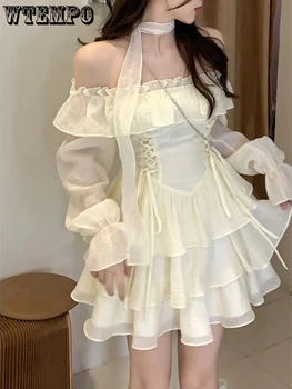 Hosszú ujjú elegáns miniruha Lolita Pure Color rövid partiruha Női alkalmi tavaszi édes egyrészes ruhák Koreai divat