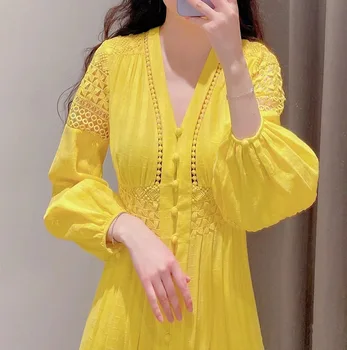 2023 női új sárga maxi ruha V-nyakú egymellű puffos ujjú patchwork elegáns ruhák nappali és éjszakai bulihoz