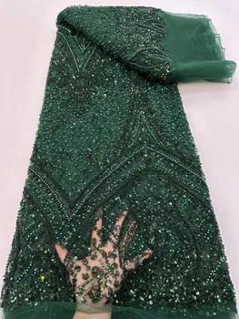 zöld luxus afrikai gyöngyös csipke flitterek Afrikai csipke szövet 2024 Kiváló minőségű 5 yardos nigériai csipkeszövet estélyi ruhához