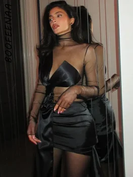 BOOFEENAA See Through Mesh Patchwork szexi bodycon ruha Mini fekete ruhák Kylie Jenner ihlette éjszakai klub ruhák C70-CI17