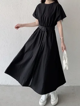 New Fashion Középhosszú nagy szegély övvel női ruházat A-LINE derékfeszítő party fekete ruha estélyi vintage ruhák