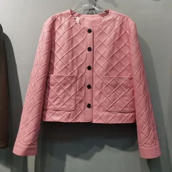Női kabát Tavaszi rövid hosszúságú New Fashion Kiváló minőségű valódi bőrkabát Egymellű gyémántrács dekoráció