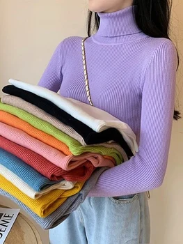 Zoki koreai egyszerű női pulóverek Harajuku garbó kötött pulóverek rugalmas tömör puha hosszú ujjú alap pulóver Új