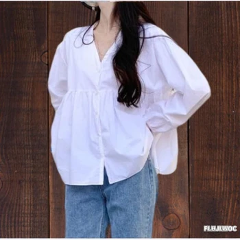 2023 Pamut keverékek Korea Chic felsők puffos ujj Aranyos édes alkalmi laza egymellű gomb női blúz fehér ingek