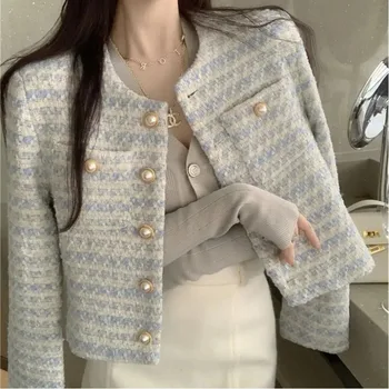 koreai ruházat Női rövid gyapjúkabát Tavaszi őszi temperamentum Elegáns gyöngygomb Divat alkalmi kardigánok Hosszú ujjú kabát