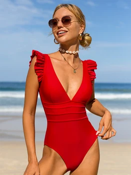 Peachtan szilárd fürdőruha 2023 Új V nyakú bikini piros egyrészes fürdőruha női fürdőruha fodros fürdőruha hát nélküli fürdőruha