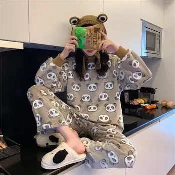 Kawaii Szürke panda Harajuku téli pulóverek Lány flanel puha meleg otthoni öltöny alkalmi ruhák Tévénézés Vastagíts pulóver Nők