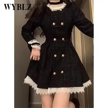 Tavasz Ősz Női ruhák Hepburn Style Black Sweet Cool Little Fragrant Court Vintage Dress Ruffle Rib Duffel hercegnő ruha