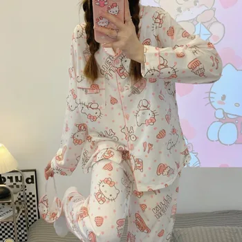 Kawaii Hellos Kittys Pizsama nők Tavasszal és ősszel Új aranyos stílusú rajzfilm Kittys Hosszú ujjú Cardigan otthoni öltöny Pár pizsama
