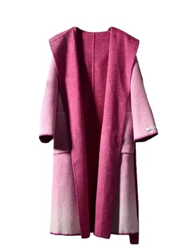 Őszi téli kapucnis kétoldalas viselet színátmenetes szín kétoldalas kasmír gyapjúkabát női laza fűzős középhosszú kabát