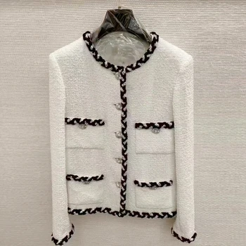 Old Money stílusú klasszikus fehér tweed dzseki nőknek 2023 Luxus elegáns O-nyakú szőtt gyapjú és kevert kabátok Koreai Abrigo Mujer