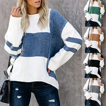 2023 Új retro csíkos pulóver női kontrasztos színes varrás kerek nyakú pulóver kötött pulóverek