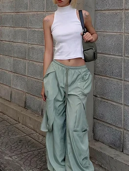 Nők Zöld rakomány nadrág Rugalmas derék redő Egyszínű bő nadrág zseb széles szárú rakomány nadrág Street Wear divatruházat