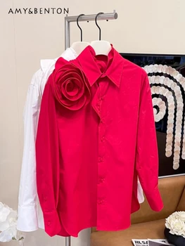 2024 Kora tavasz kézzel készített 3D vintage virág laza alkalmi blúz női Kiváló minőségű elegáns hosszú ujjú pamut Camisas de Mujer