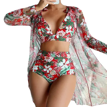 Szexi 3 részes bikini szett 2024 női takaró fürdőruha női trópusi mintás fürdőruha push up strandruha hosszú ujjú fürdőruha
