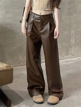 Alien Kitty Loose PU Women széles szárú nadrág Őszi elegáns vintage egyenes 2023 Új Streetwear alkalmi munkaruha Magas derék karcsú