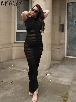 Akaily Sexy Fashion Black Maxi ruha elegánsan party ruhák nőknek 2023 őszi fehér rövid ujjú o nyakú rakott hosszú ruha