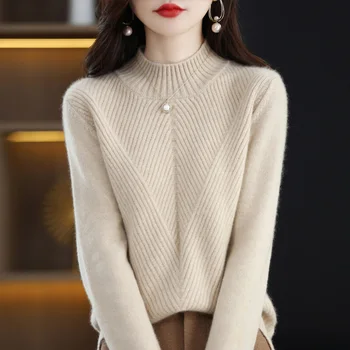 Őszi és téli új 100% tiszta gyapjú pulóver női vastag, félig magas nyakú kötött kiváló minőségű nyugati koreai laza egyszínű bo