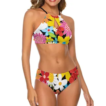 Flower Power Bikini fürdőruha szexi tavaszi kerti fürdőruha női bikini szett kétrészes push up egyedi magas nyakú fürdőruha
