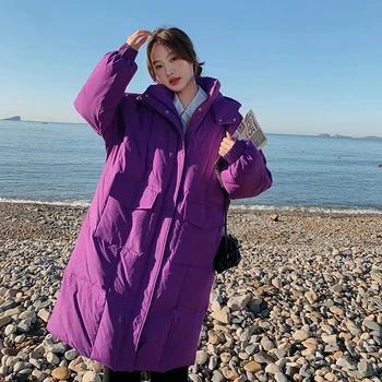 2022 Fried Street Down pamuttal párnázott kabát női hosszú térdig érő új koreai változata laza kapucnis párnázott téli ruháknak.